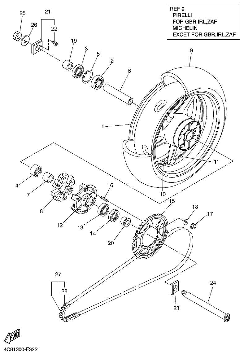 Yamaha R1 2008 REAR WHEEL parts diagram